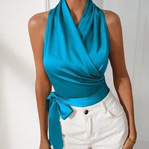 Knot Side Wrap Satin Blouse Blue